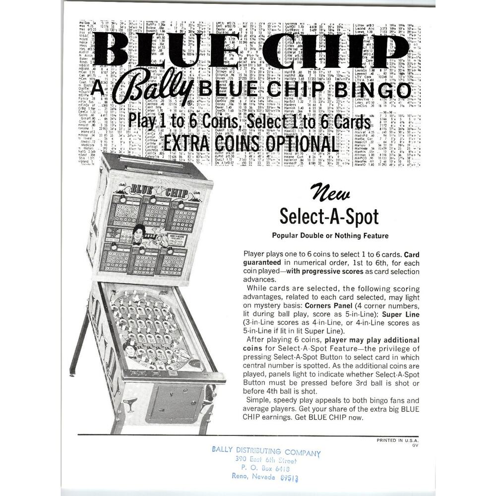 Bally Blue Chip Bingo Pinball Machine Original Flyer Bingo Select-A-Spot Vintage